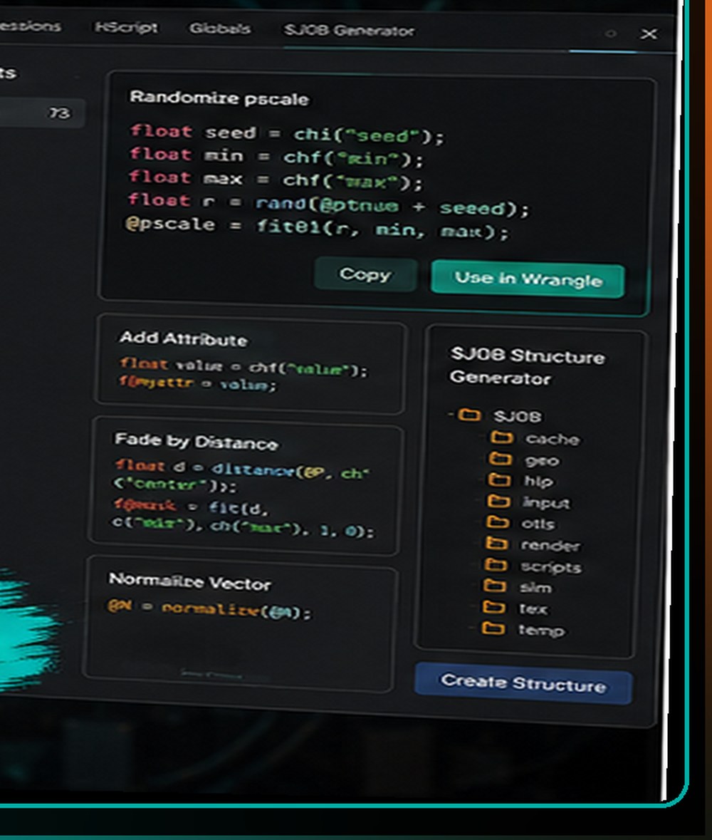 Houdini VEX Lab showing the snippet library with a Randomize pscale wrangle and the $JOB structure generator