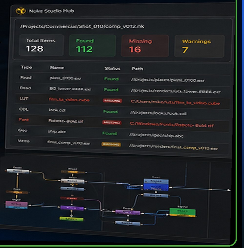 Nuke Studio Hub preflight report: 128 items checked on comp_v012.nk, 112 found, 16 missing, 7 warnings