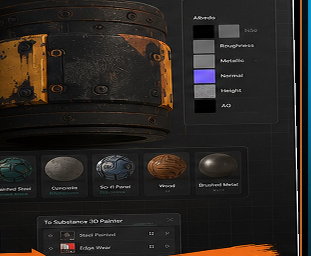 Smart Material Studio showing PBR channel outputs, a surface preset library and the layer stack being sent to Substance 3D Painter