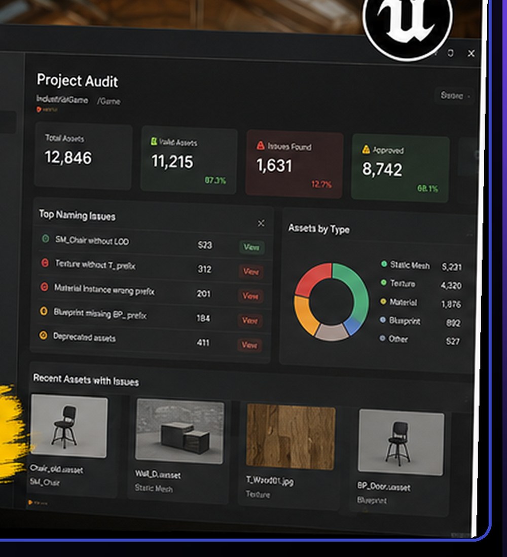 Unreal Studio Hub project audit across 12,846 assets showing 1,631 issues and 8,742 approved